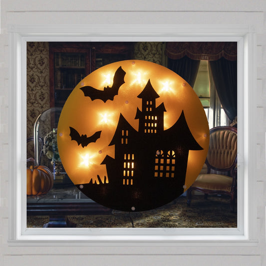 Lighted Haunted House Halloween Window Silhouette - 13.75" - Clear Lights