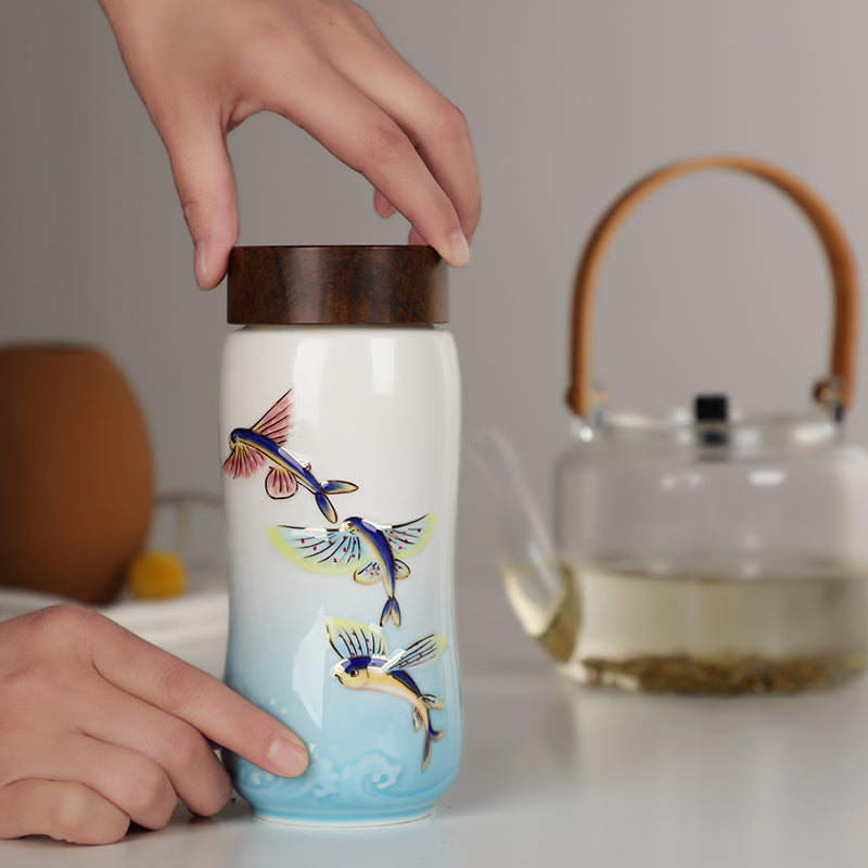  Acera The Joy of Fish Travel Mug ( Double Wall ) - White with Red Fishes (Hand- painted) - Bonton