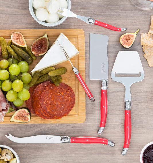 Laguiole 5 Piece Cheese Knife, Fork and Slicer Set, Scarlet Red