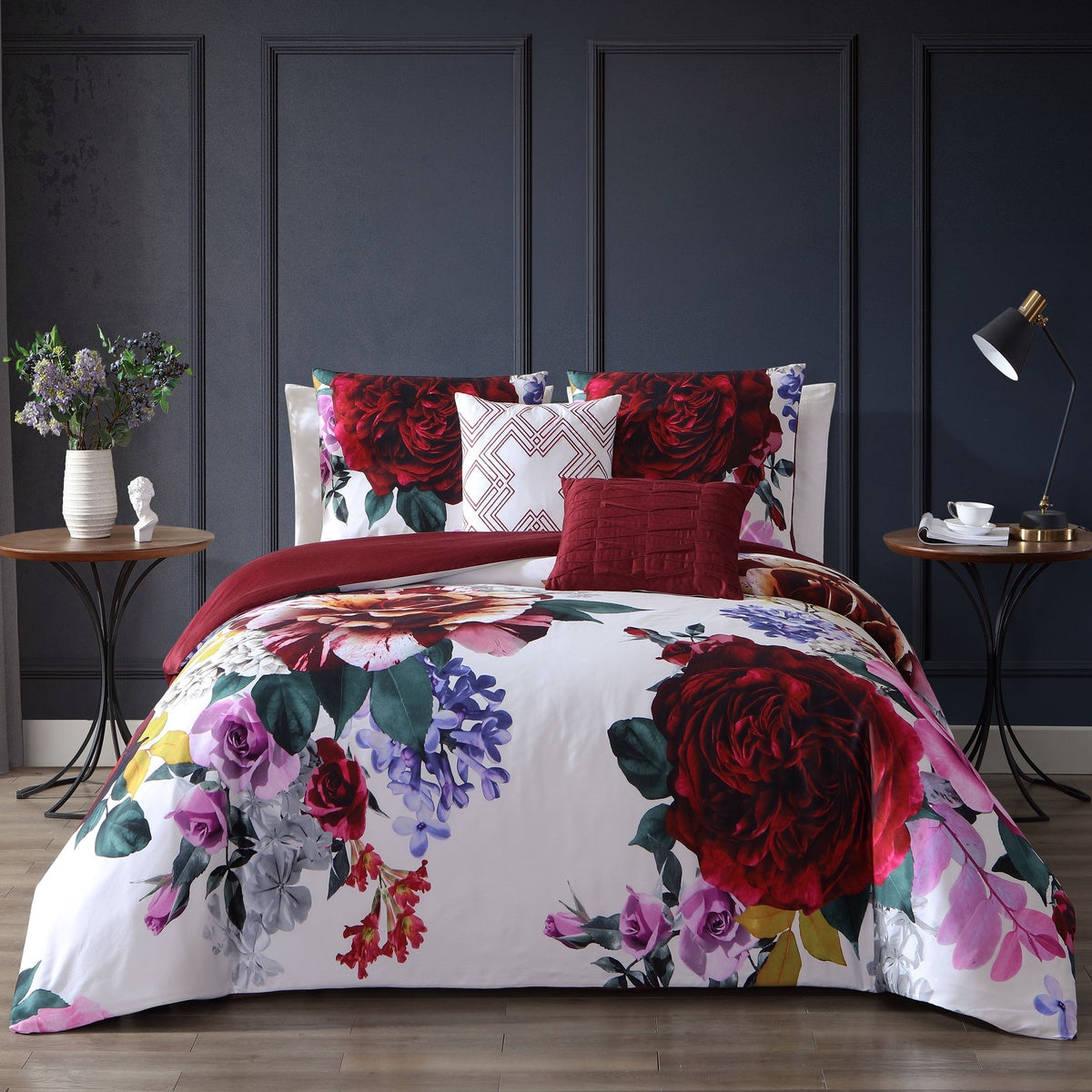  Bebejan Magenta Floral 100% Cotton 5 Piece Reversible Comforter Set - QUEEN - Bonton