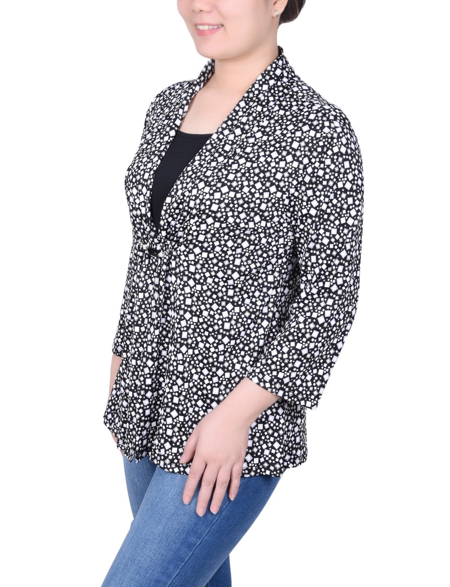  NY Collection Petite Puff Print 3/4 Sleeve Two-Fer Top - Jester Red Ivory Geo - Bonton