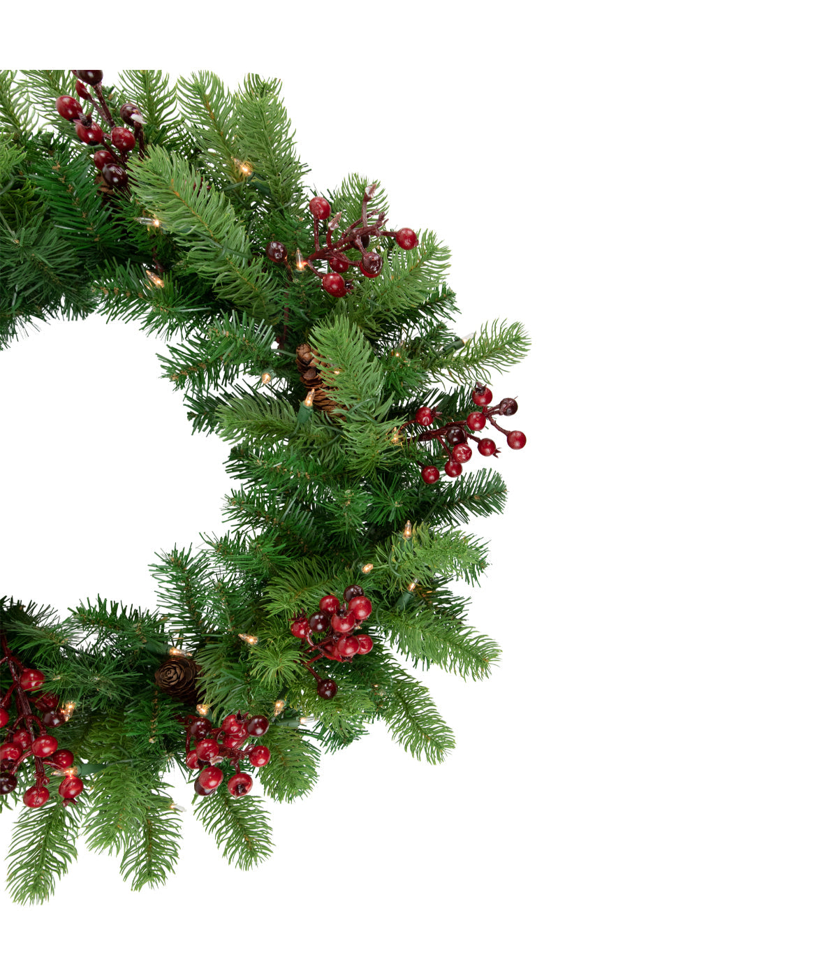  Noble Fir with Red Berries & Pine Cones Artificial Christmas Wreath with Pre-lit Clear Lights, 24