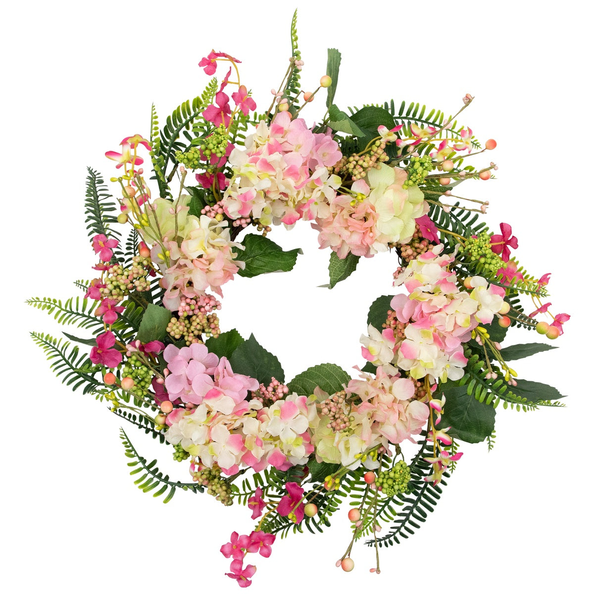  Northlight Hydrangea  Berry and Fern Artificial Spring Floral Wreath  Pink - 20-Inch - Default Title - Bonton
