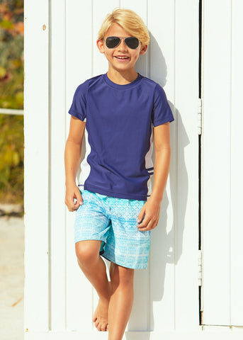 Boys Navy  Side Stripe Short Sleeve Rashguard