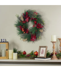 Autumn Harvest Pine Berry and Pomegranate Wreath Red