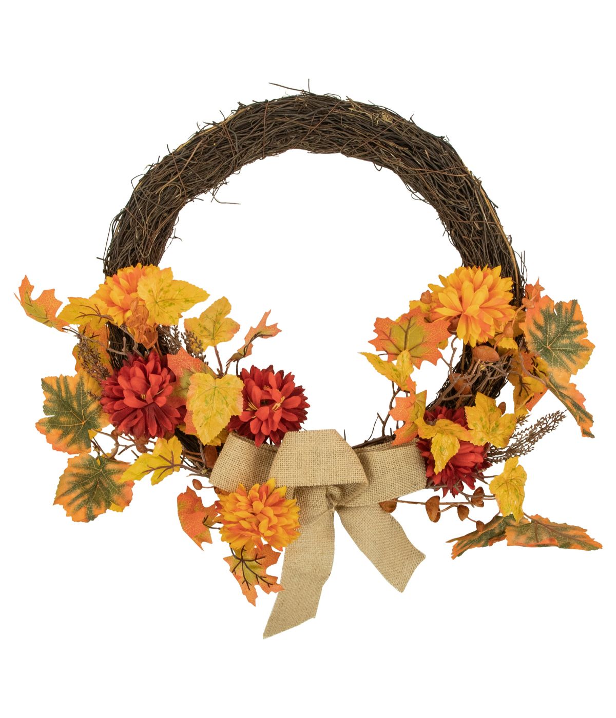  Fall Foliage with Mum Flowers Artificial Thanksgiving Twig Wreath Orange - Orange - Bonton