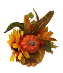 Yellow Sunflower and Mum Filled Pumpkin Thanksgiving Decor Orange