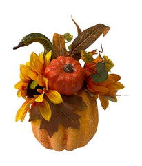 Yellow Sunflower and Mum Filled Pumpkin Thanksgiving Decor Orange