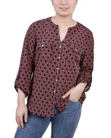 Petite 3/4 Sleeve Roll Tab Y Neck Blouse
