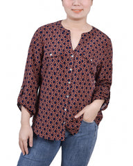 Petite 3/4 Sleeve Roll Tab Y Neck Blouse
