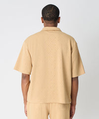 Textured Knit Short Sleeve Button Down Shirt - Taupe