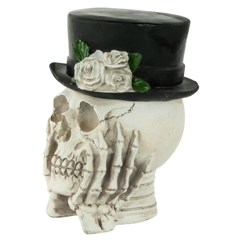 9" Skull With Top Hat and Roses Halloween Decoration