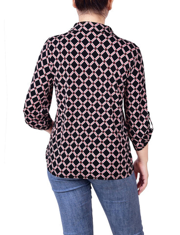3/4 Roll Tab Sleeve Studded Y Neck Top