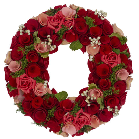 12" Red and Pink Wooden Rose With White Berries Artificial Wreath -Unlit