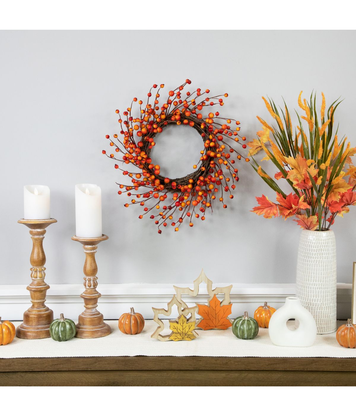  Orange Berries and Twig Artificial Fall Harvest Wreath Orange - Orange - Bonton