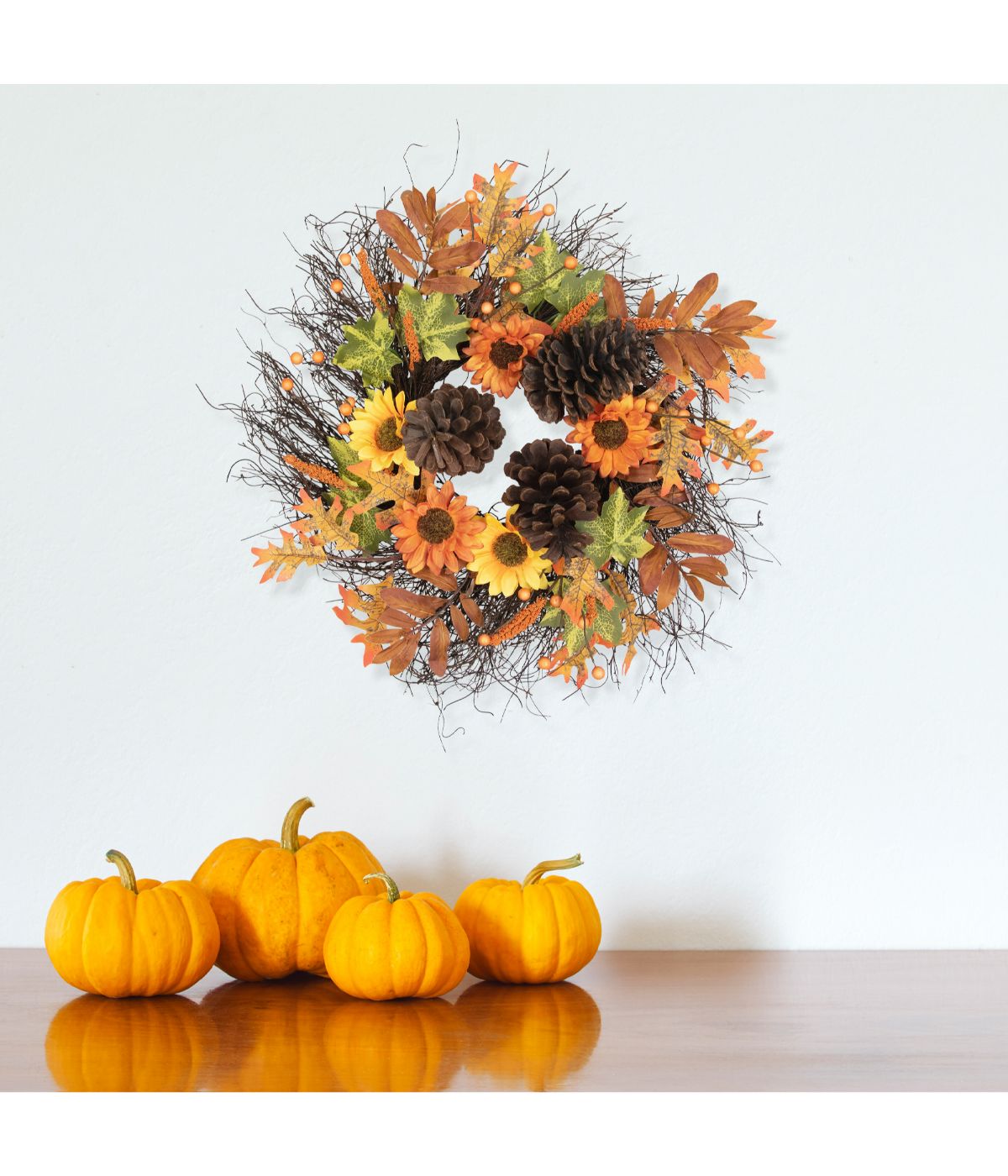  Sunflowers and Pine Cones Fall Artificial Thanksgiving Wreath Orange - Orange - Bonton