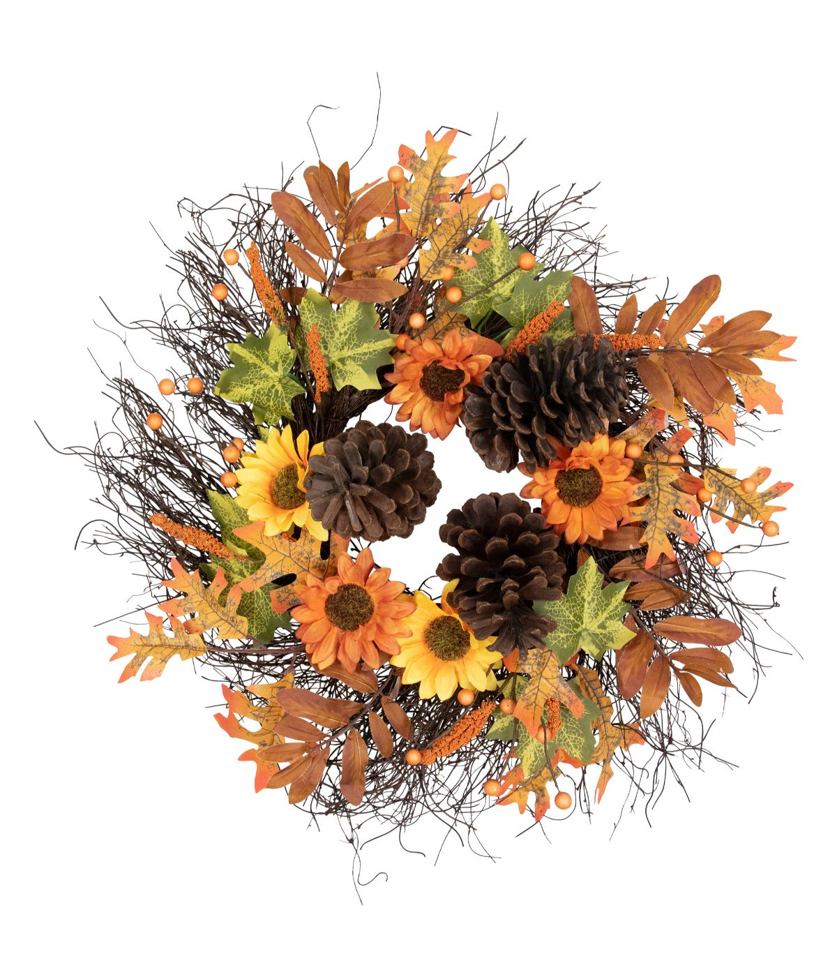  Sunflowers and Pine Cones Fall Artificial Thanksgiving Wreath Orange - Orange - Bonton