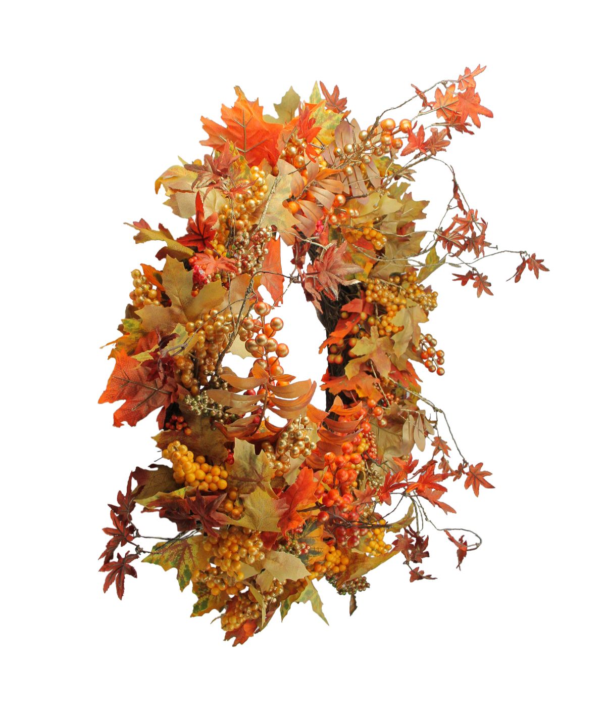  Fall Harvest Gold Berries and Autumn Leaves Artificial Twig Wreath Orange - Orange - Bonton