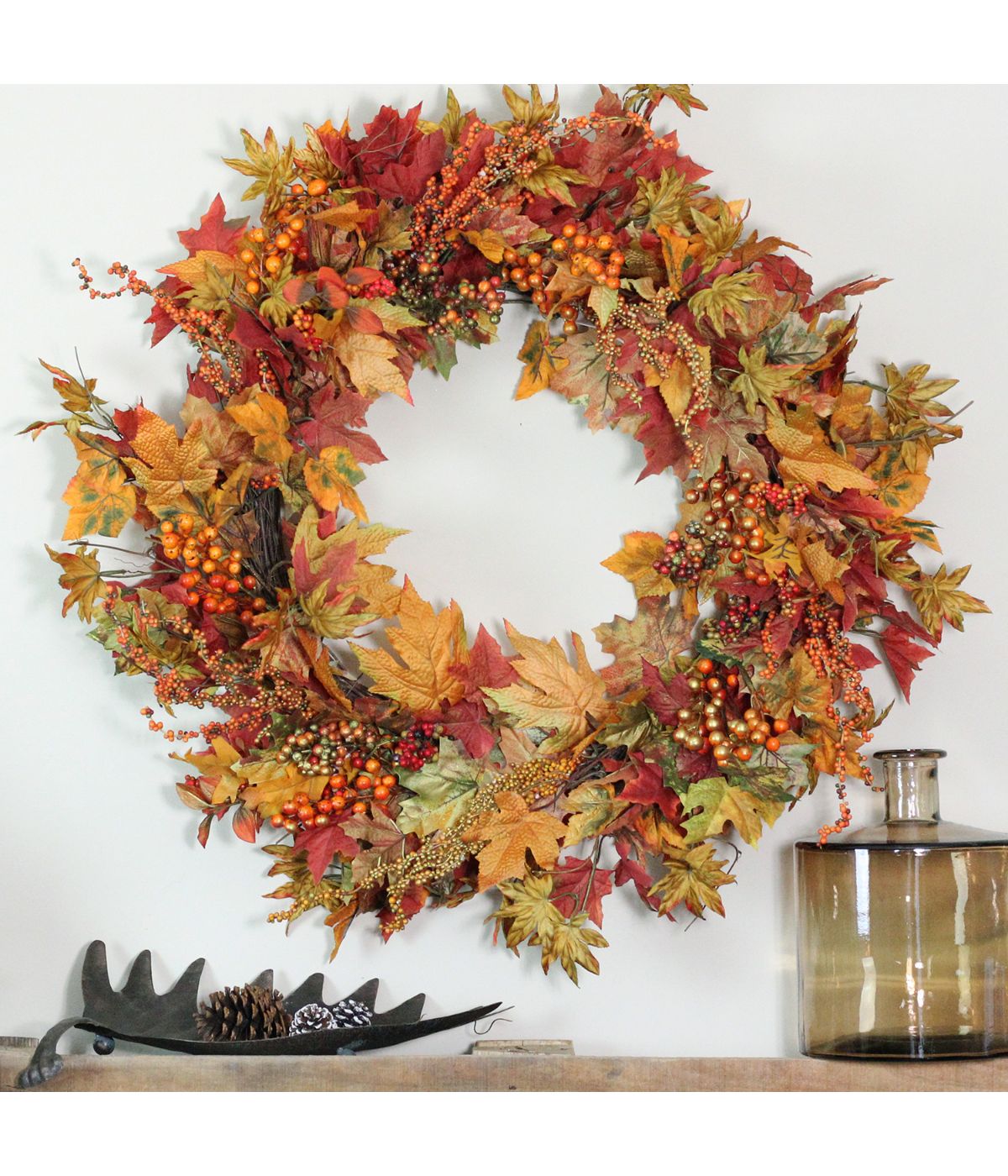  Fall Harvest Gold Berries and Autumn Leaves Artificial Twig Wreath Orange - Orange - Bonton