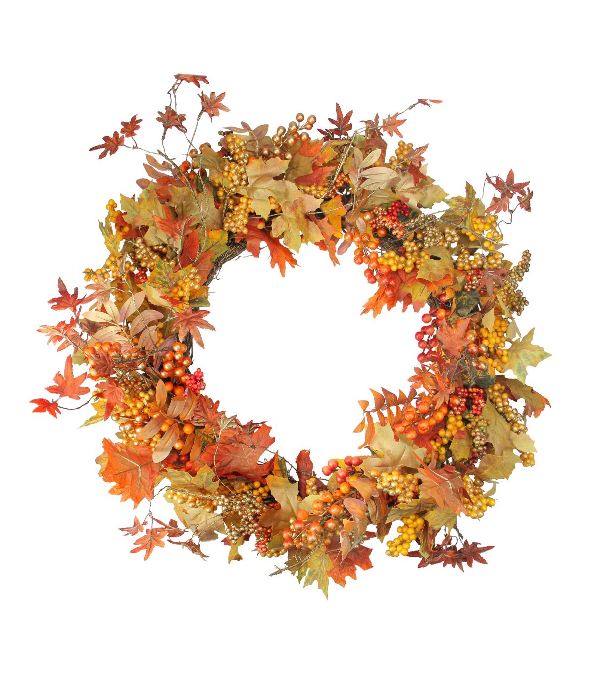  Fall Harvest Gold Berries and Autumn Leaves Artificial Twig Wreath Orange - Orange - Bonton