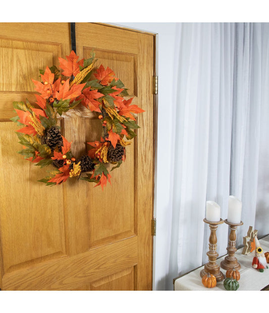 Leaves Pinecones and Berries Artificial Fall Harvest Wreath Green