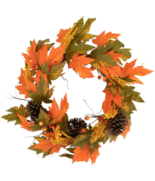 Leaves Pinecones and Berries Artificial Fall Harvest Wreath Green