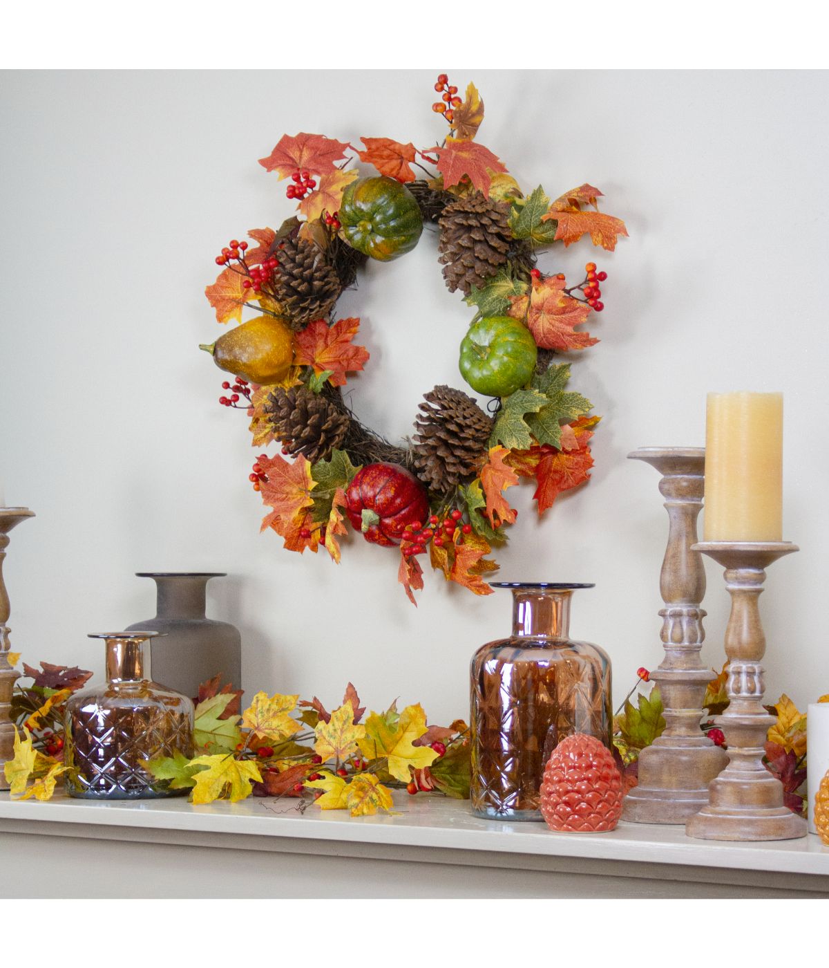  Leaves Pine Cones and Pumpkins Artificial Fall Harvest Wreath Orange - Orange - Bonton