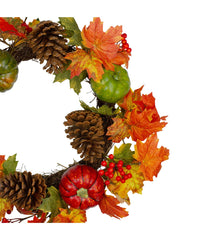 Leaves Pine Cones and Pumpkins Artificial Fall Harvest Wreath Orange