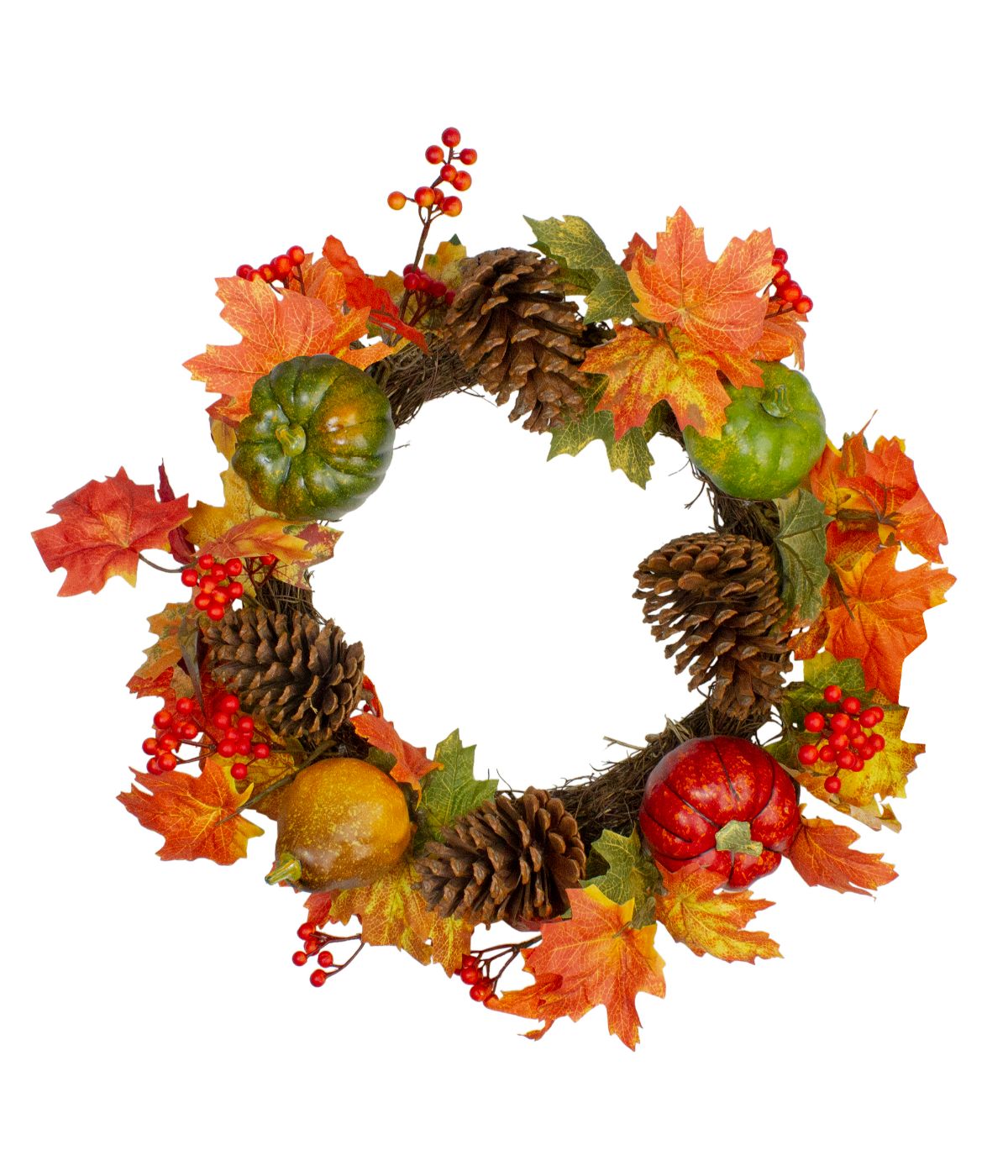  Leaves Pine Cones and Pumpkins Artificial Fall Harvest Wreath Orange - Orange - Bonton