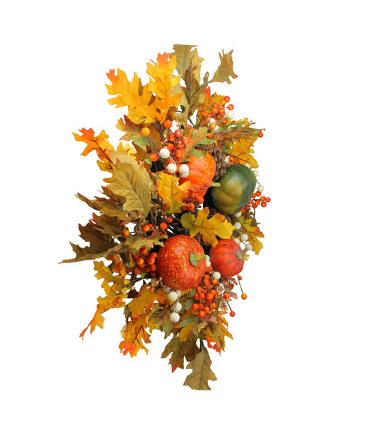 Fallen Leaves with Pine Cones and Pumpkins Artificial Thanksgiving Wreath Orange Orange