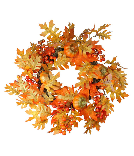 Autumn Leaves Pumpkins and Berries Artificial Thanksgiving Wreath Orange