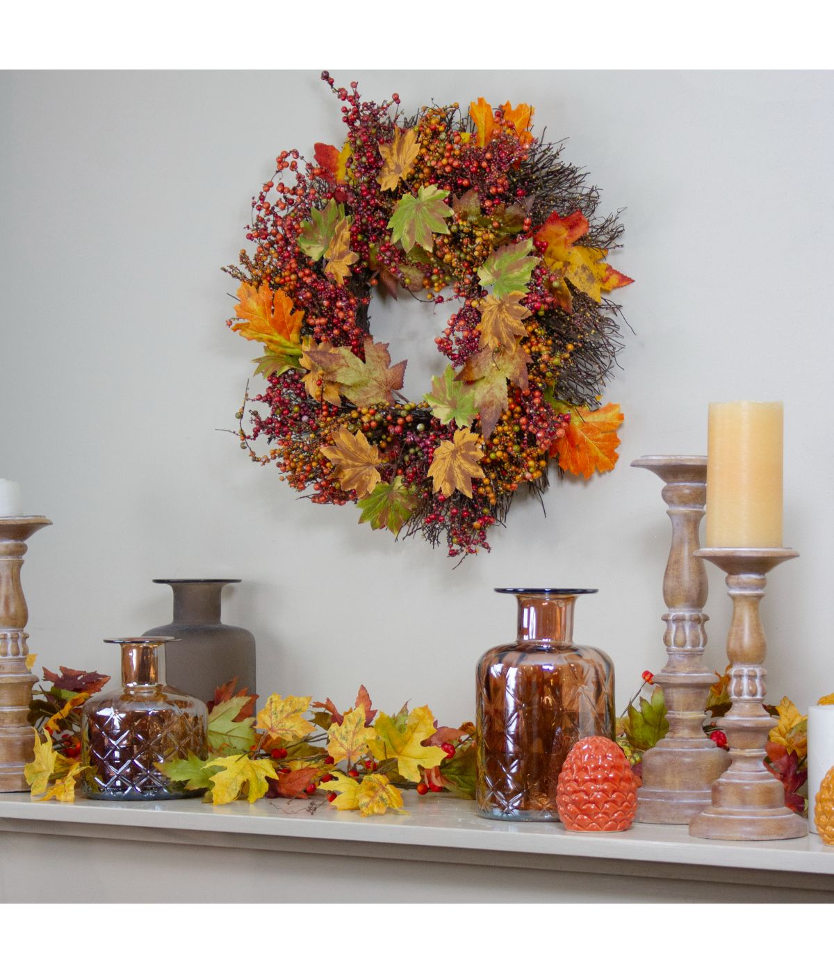  Maple Leaf and Berry Twig Artificial Fall Harvest Wreath Orange - Orange - Bonton