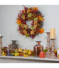 Maple Leaf and Berry Twig Artificial Fall Harvest Wreath Orange