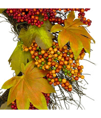 Maple Leaf and Berry Twig Artificial Fall Harvest Wreath Orange