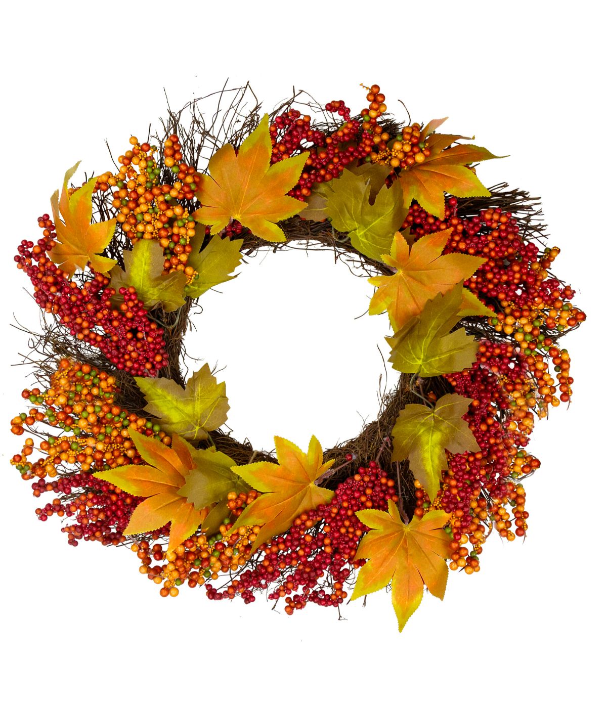  Maple Leaf and Berry Twig Artificial Fall Harvest Wreath Orange - Orange - Bonton