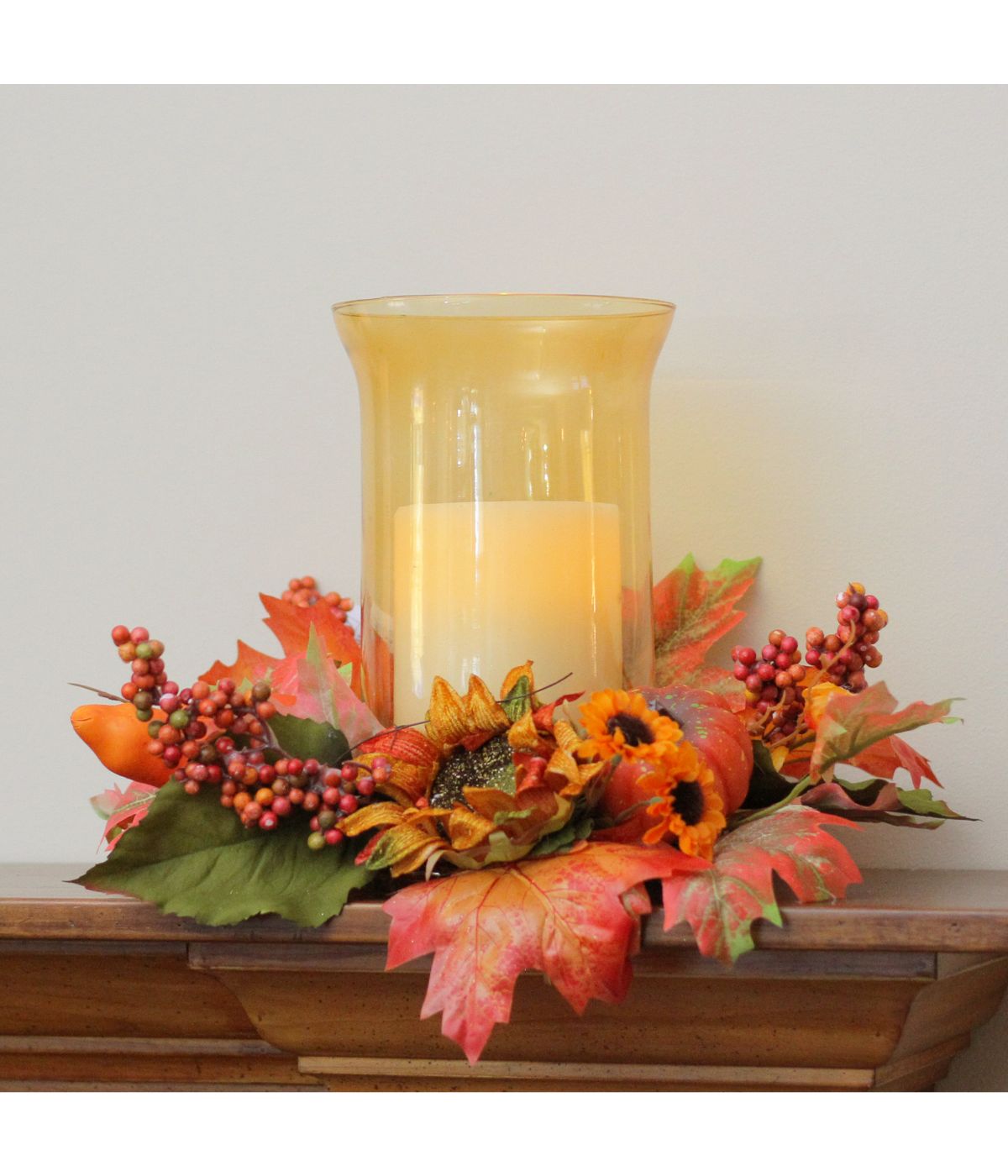  Orange and Red Sunflower with Pumpkin Fall Pillar Candle Holder Orange - Orange - Bonton