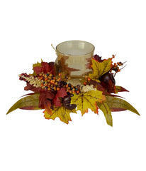 Fall Apple and Berry Glass Hurricane Pillar Candle Holder Red