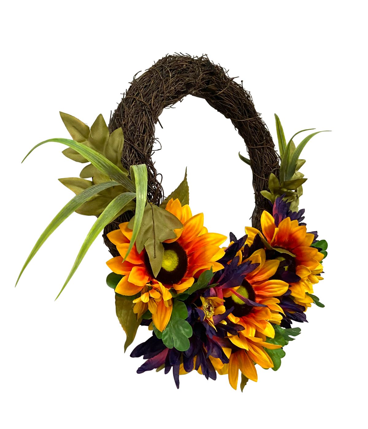  Sunflower and Mum Twig Autumn Artificial Floral Wreath Yellow - Yellow - Bonton