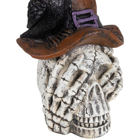 Skull in Witches Hat With Crow Halloween Decoration - 22.75"