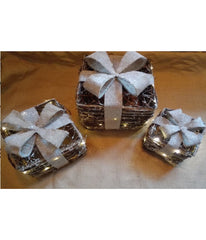 Rattan Gift Boxes with Burlap Bows Tabletop Lighted Christmas Decorations Set of 3, 9.75"