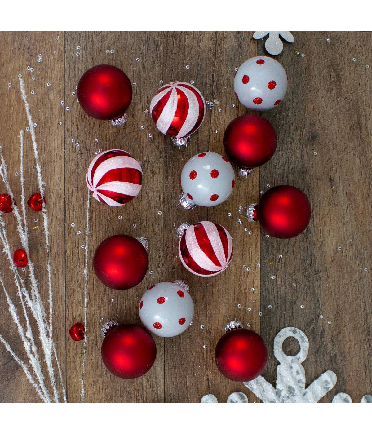  Red & White Glass 3-Finish Christmas Ball Ornaments Set of 12, 1.75