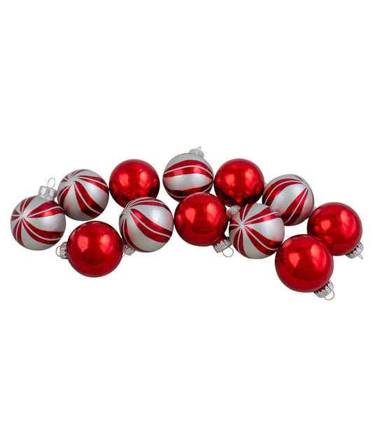 Red & Silver Swirl Glass Christmas Ball Ornaments Set of 12, 1.75"