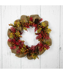 Rustic Burlap Fall Harvet Wreath with Acorns and Berries Red