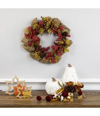 Rustic Burlap Fall Harvet Wreath with Acorns and Berries Red