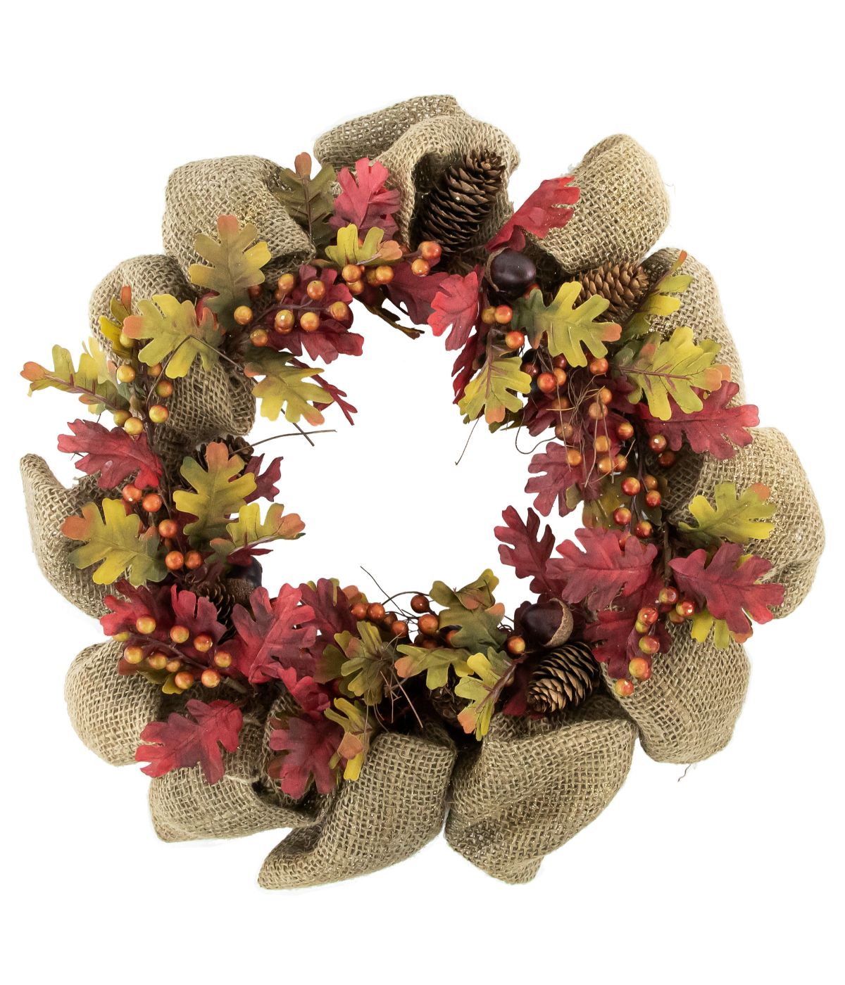 Rustic Burlap Fall Harvet Wreath with Acorns and Berries Red