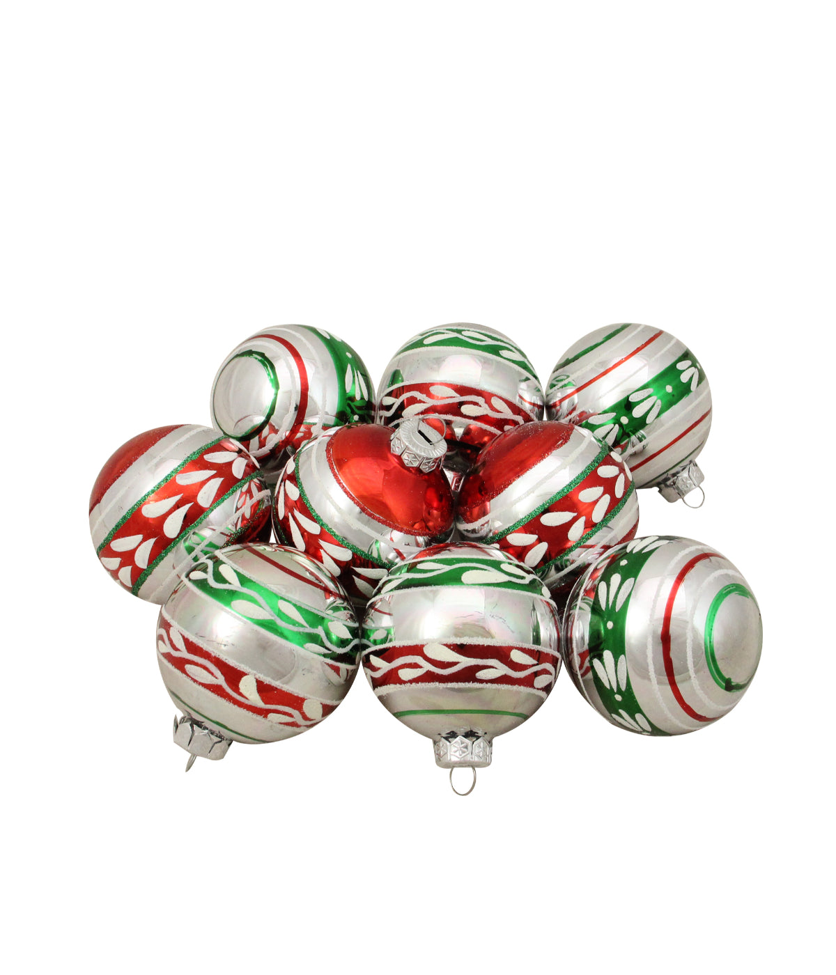  Shiny Silver with Red & Green Glitter Striped Vintage Christmas Ornaments Set of 9, 2.75 - Silver - Bonton