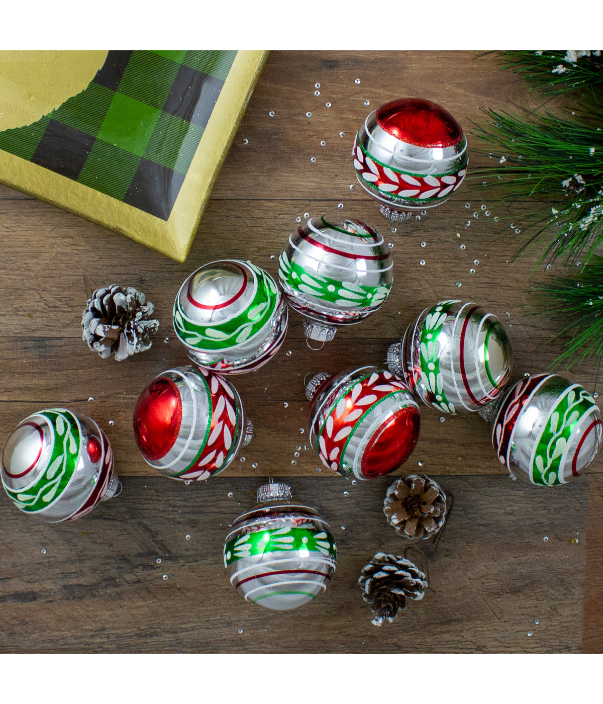  Shiny Silver with Red & Green Glitter Striped Vintage Christmas Ornaments Set of 9, 2.75 - Silver - Bonton