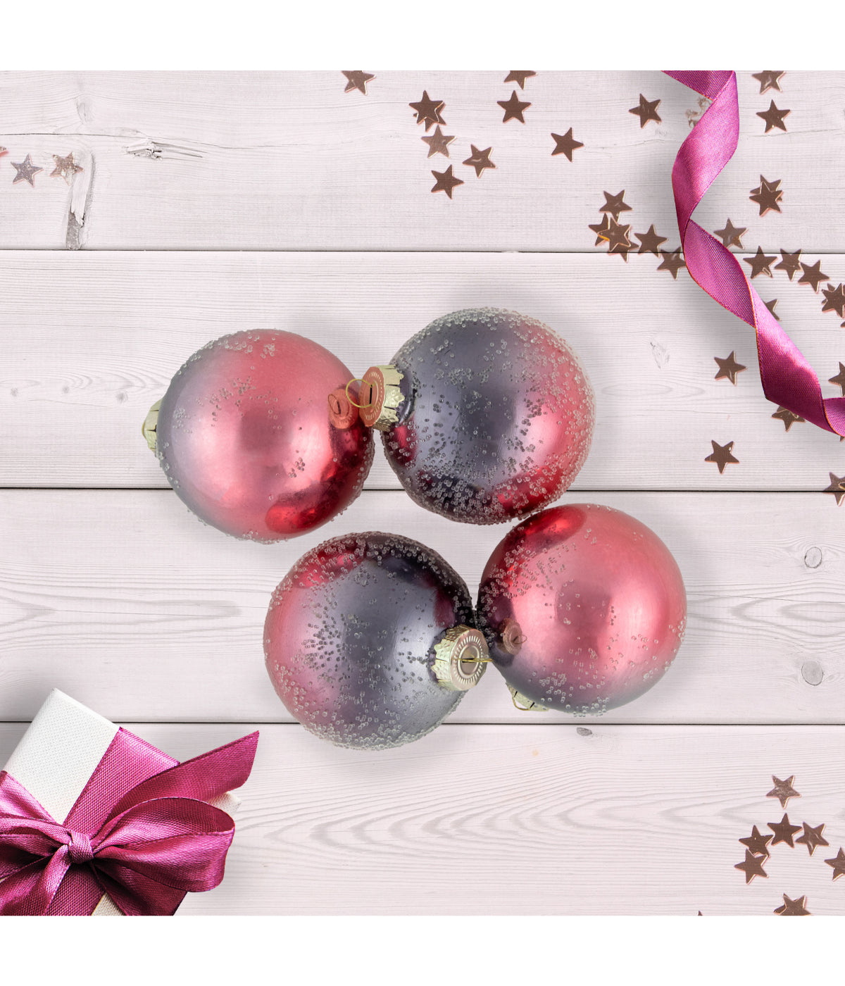  Pink & Grey Ombre Hand Blown Textured Glass Ball Christmas Ornaments Set of 4, 3.25