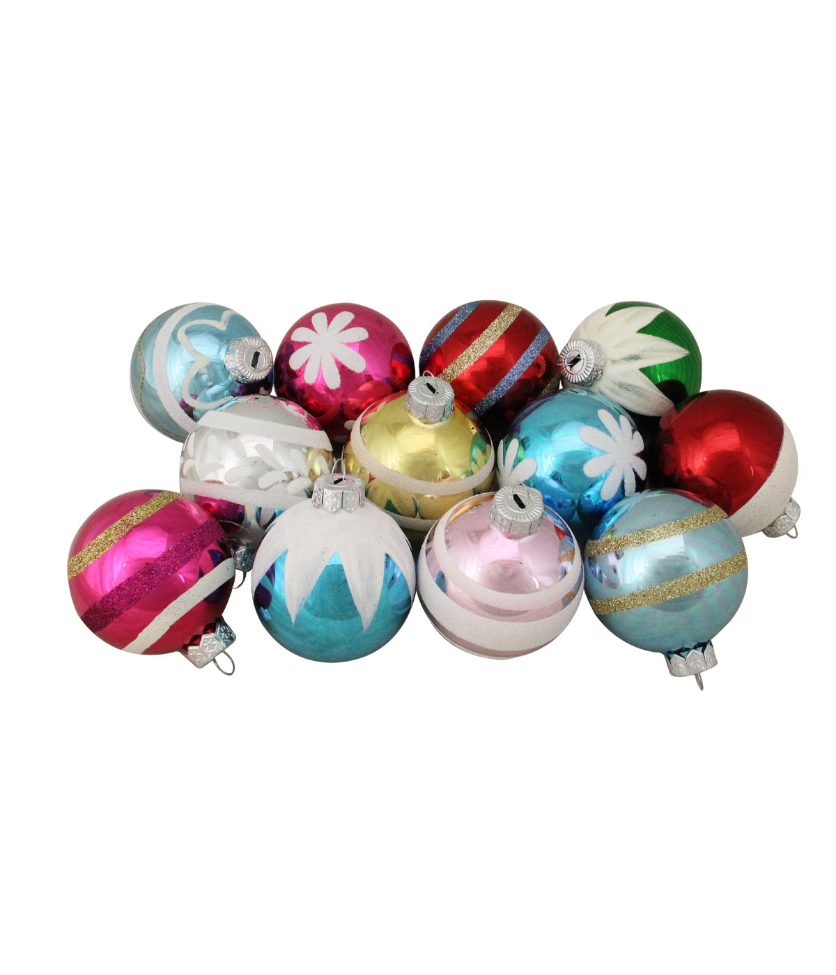  Frosted & Glittered Shiny Multi Color Christmas Ornaments Set of 12 - White - Bonton