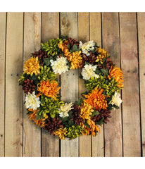 Autumn Orange and Green Chrysanthemum Artificial Thanksgiving Wreath Multi